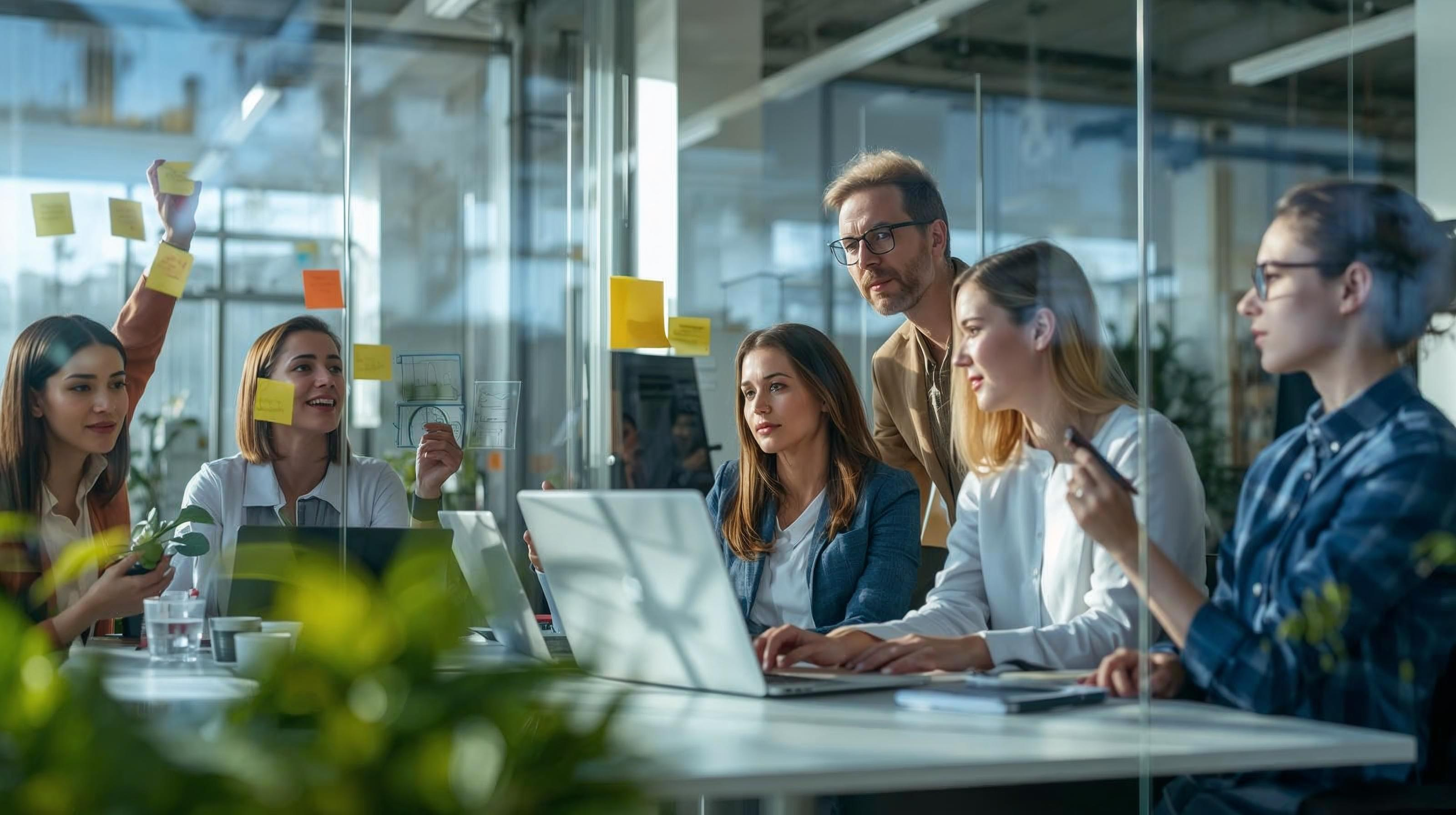 Happy diverse team working in a modern office