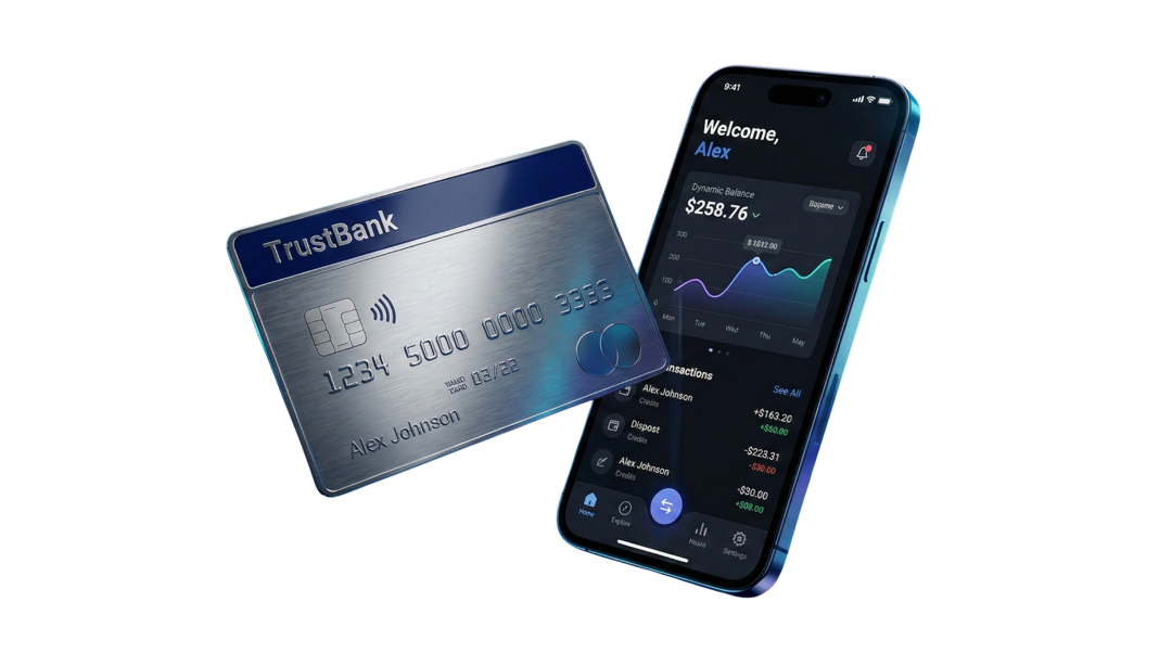 TrustBank Mobile App Dashboard showing savings goals