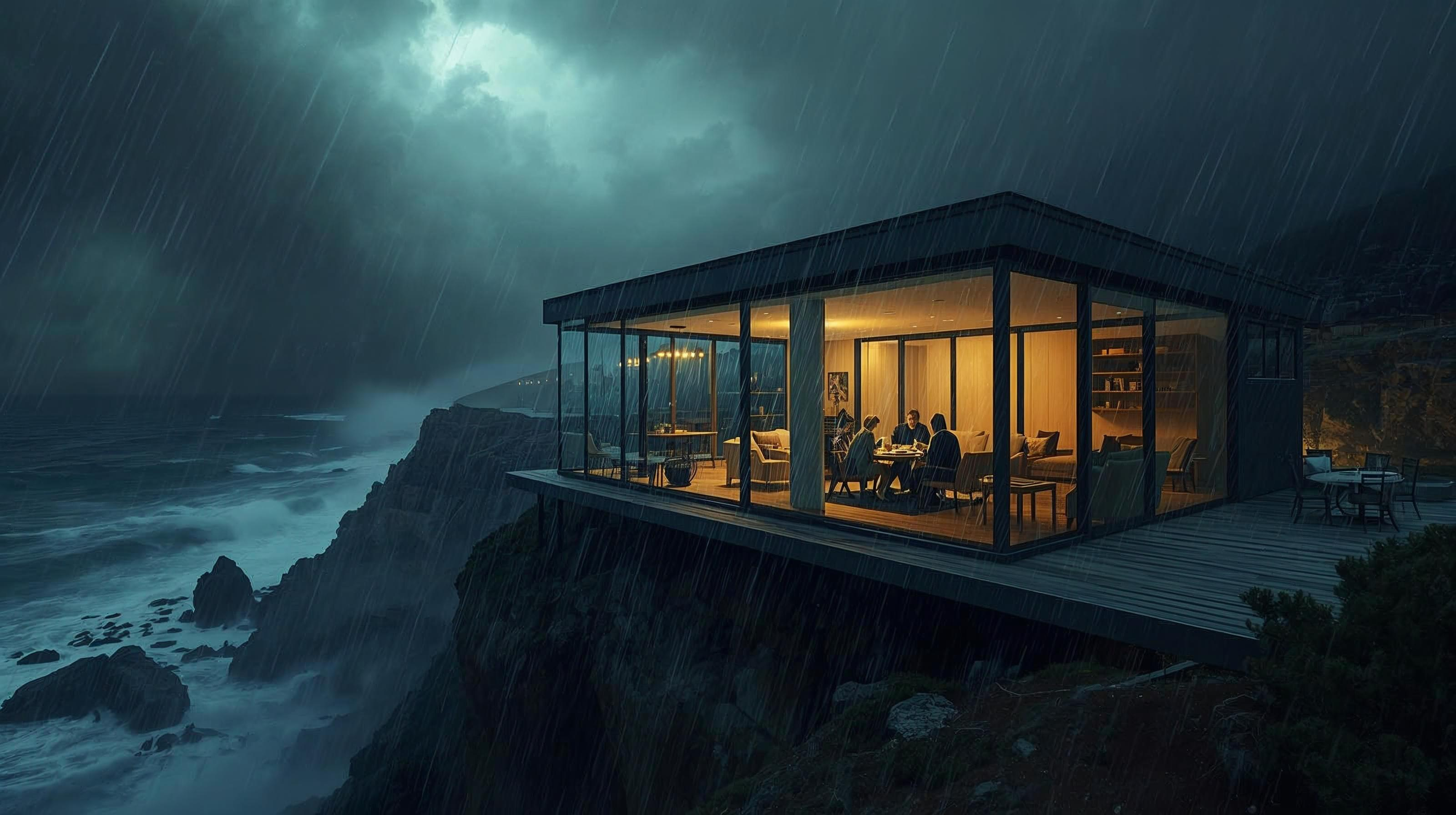 Safe family under umbrella in storm