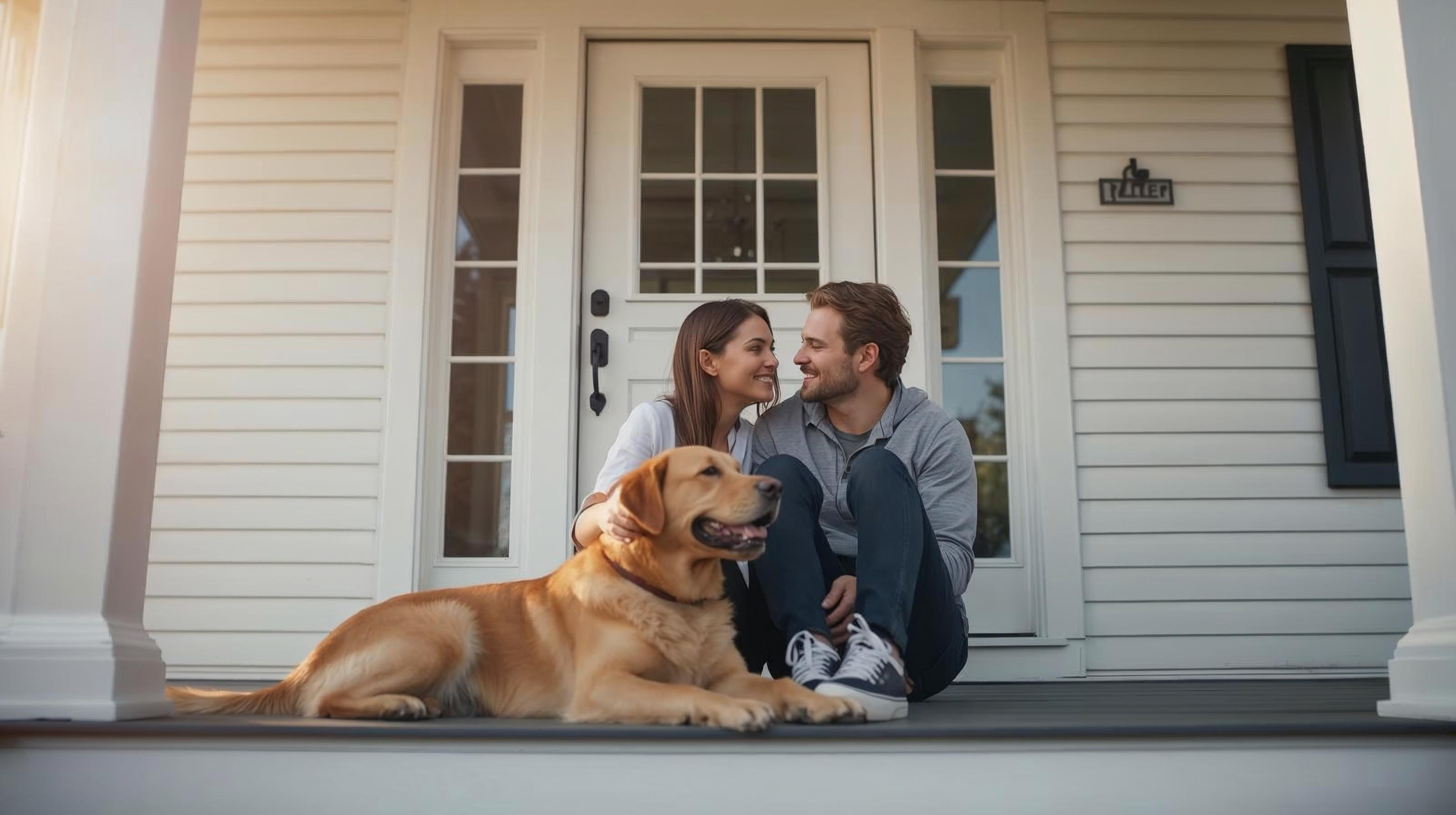 Happy couple standing in front of their new house